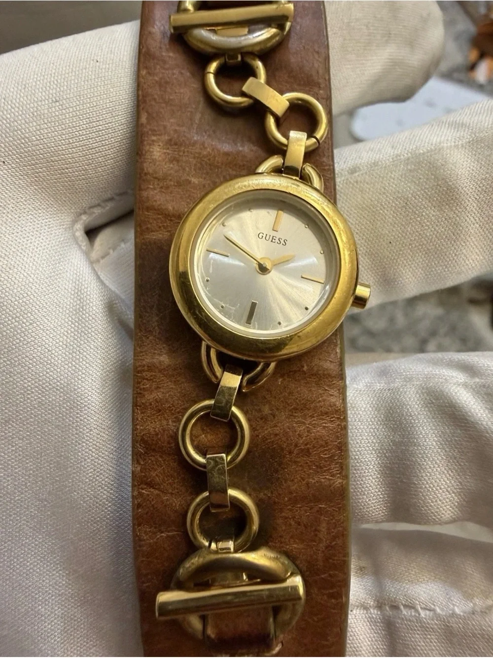 Vintage GUESS Women's Gold Tone Chain Link Leather Cuff Watch
